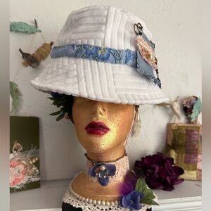 Bucket Hat with Embellishment White Boho Bucket Hat with Pins OS